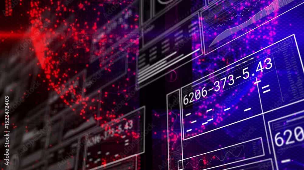Poster red particle clouds coalescing into globe, outlined panels updating numeric codes, visualizing data