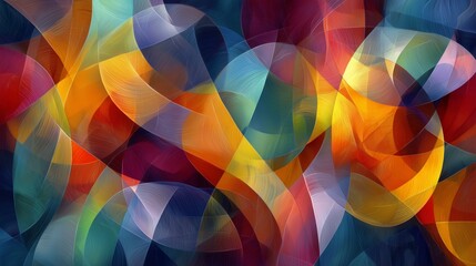 Abstract shapes intertwining create colorful digital painting with movement. AI generated.