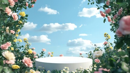 White pedestal surrounded by colorful roses and flowers against a partly cloudy sky.