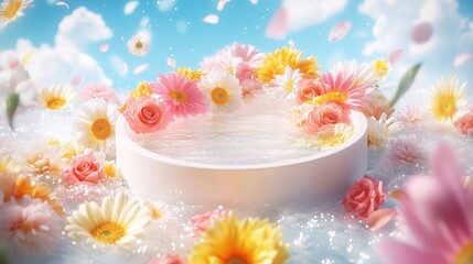 Floral arrangement in a round white bowl.