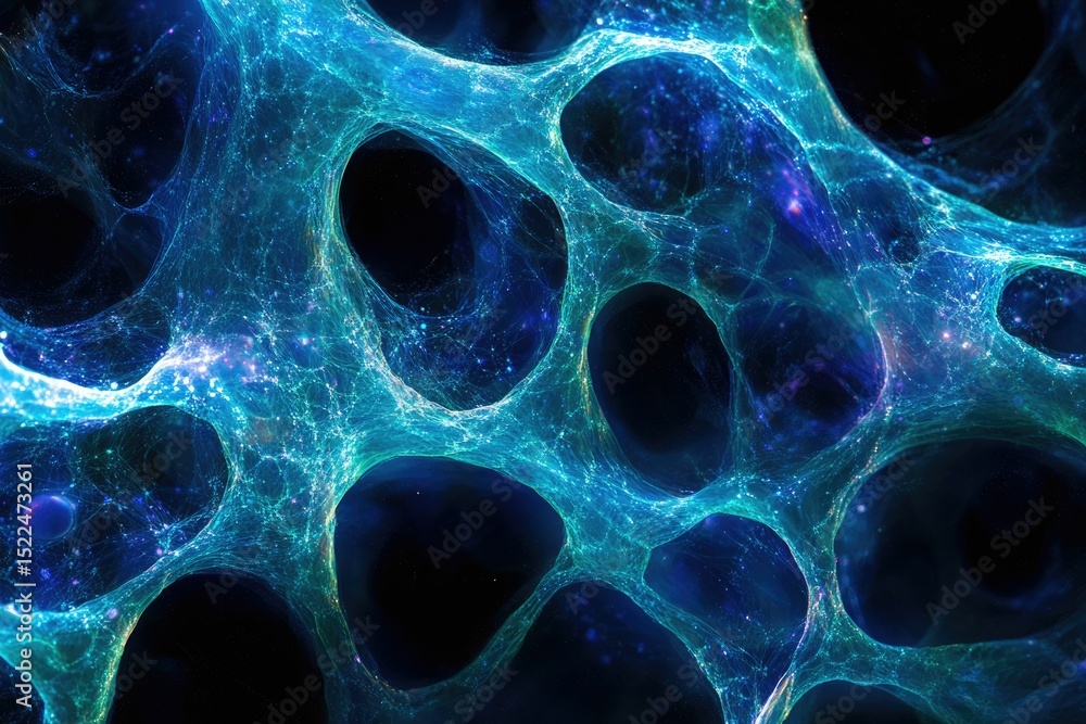 Poster Abstract cosmic web, glowing blue network of interconnected nodes and voids, resembling a neural network or space-time fabric.