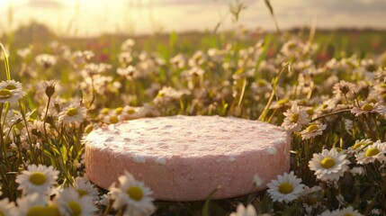 Pink disc-shaped object amongst wildflowers in a field.