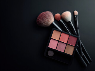 Minimalistic elegant arrangement of blush palettes and makeup brushes on dark background, showcasing beauty tools for makeup application and artistry