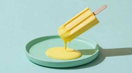 Bright Yellow Popsicle Melting on a Light Green Plate Against a Soft Blue Background
