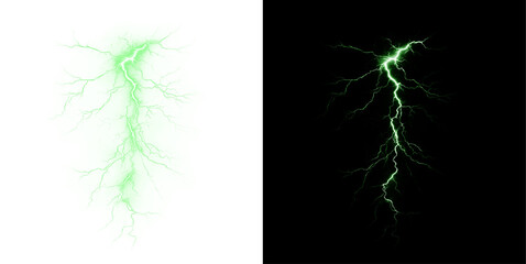Green, electric, strike, lightning, thunder — glowing PNG magic bolt with thunder effect and discharge. PNG Overlay for game element, weather power, or fantasy spell visuals on transparent background.