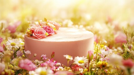Pink cake adorned with flowers in a garden setting.