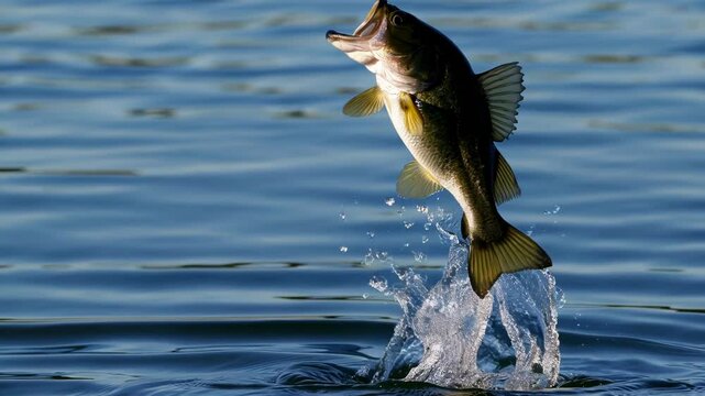 Powerful largemouth bass bursting through blue rippling water, creating dramatic splash highlighting aquatic predator's energetic leap and natural hunting prowess