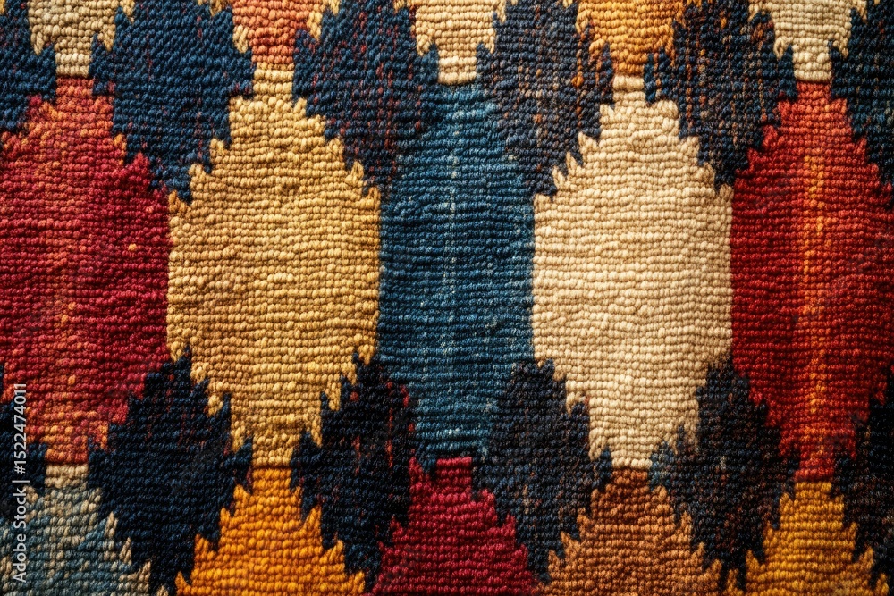 Poster close-up view of a richly textured rug with a geometric pattern in deep reds, blues, and golds.