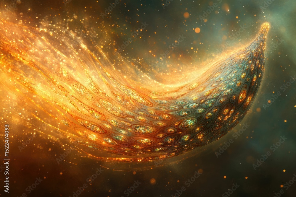 Poster a celestial entity, glowing with golden and teal energy, trails shimmering particles across a dark s