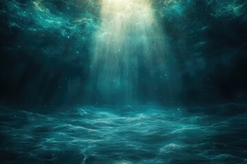 Fototapeta premium A beam of light penetrates the dark, deep ocean, illuminating the mysterious underwater world.