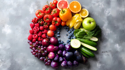 Colorful fruits, berries and vegetables in a circular arrangement, celebrating nature's vibrant bounty