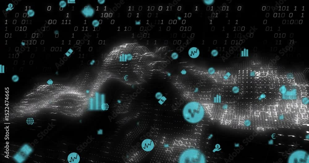 Poster pitch-black void fading into code wave, cyan icons drifting and swirling for network visualization