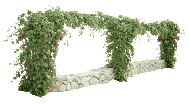 3D Stone Planter with Hanging Ivy and Flowers Scenery, flowers blossom on the wall, transferred background