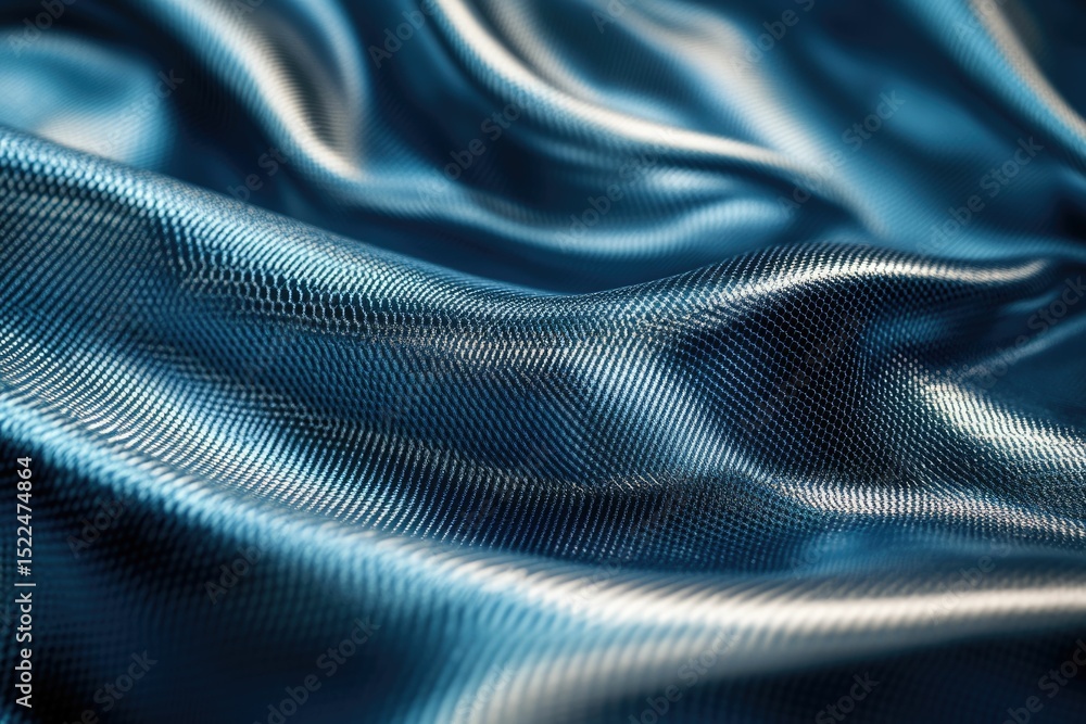 Poster close-up of a textured, dark-blue fabric with a subtle wave pattern, showcasing its luxurious and el