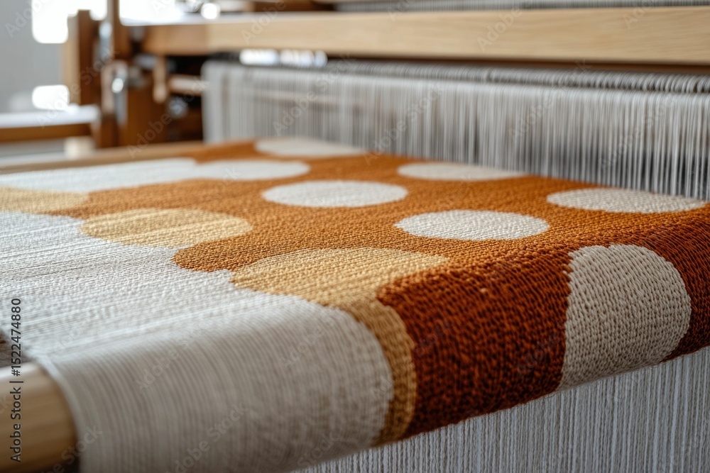 Poster a handwoven textile with an abstract pattern of orange and white circles on a loom.
