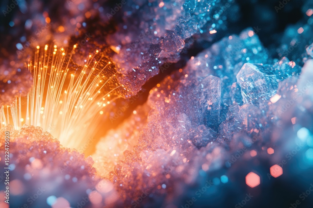 Poster luminous fiber optic strands illuminate a vibrant crystal cavern, creating a mesmerizing spectacle o