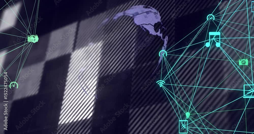 Aufkleber dark grid sparking teal graph with icons forming on right while rotating globe visualizing links