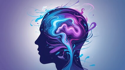 A dynamic human head silhouette filled with swirling abstract shapes lines and gradients in vibrant blues and purples symbolizing overwhelming thoughts or anxiety