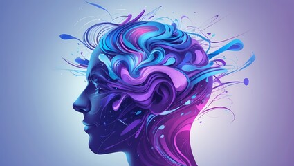 A dynamic human head silhouette filled with swirling abstract shapes lines and gradients in vibrant blues and purples symbolizing overwhelming thoughts or anxiety