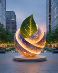 Youth-led environmental justice campaigns, A glowing orb with a leaf sculpture, symbolizing nature and innovation. Climate justice movements with activists demanding change, Visuals of global climate 