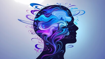 A dynamic human head silhouette filled with swirling abstract shapes lines and gradients in vibrant blues and purples symbolizing overwhelming thoughts or anxiety