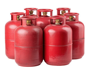 Red gas cylinders stacked together, showcasing their shiny surfaces and sturdy design. These containers are essential for various applications, including cooking and heating, providing reliable