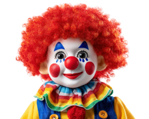 Cute clown doll with bright red curly hair, colorful clothing, and cheerful expression, perfect for Halloween decorations or as playful toy. This adorable figure brings joy and whimsy to any
