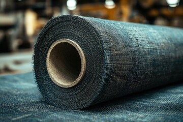 A roll of dark gray woven fabric, possibly burlap or geotextile, sits on a similar surface. Industrial setting.