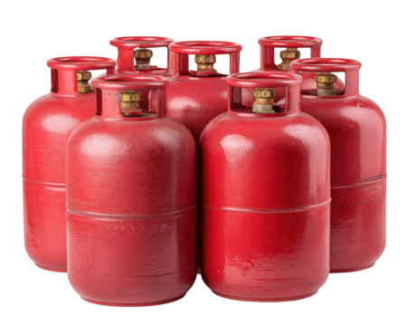 Red gas cylinders stacked together, showcasing their shiny surfaces and sturdy design. These containers are essential for various applications, including cooking and heating, providing reliable