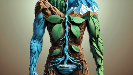 A highly stylized human body formed by merging abstract representations of earth elements: water flowing through the veins leaves for limbs and the body surrounded by mountains and trees