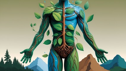 A highly stylized human body formed by merging abstract representations of earth elements: water flowing through the veins leaves for limbs and the body surrounded by mountains and trees