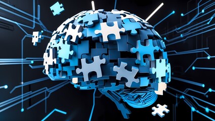 A futuristic pixelated human brain composed of abstract puzzle pieces each piece floating and shifting in the air with soft blue and white digital light effects