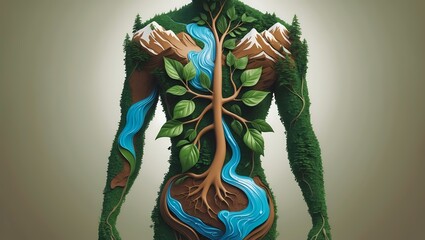 A highly stylized human body formed by merging abstract representations of earth elements: water flowing through the veins leaves for limbs and the body surrounded by mountains and trees
