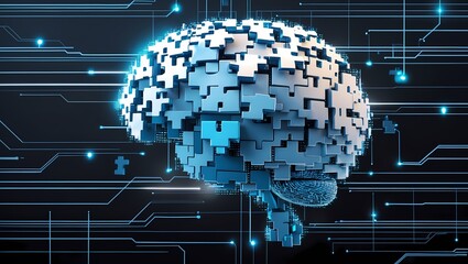 A futuristic pixelated human brain composed of abstract puzzle pieces each piece floating and shifting in the air with soft blue and white digital light effects