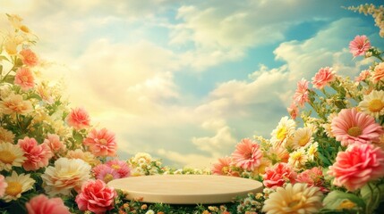 Wooden platform surrounded by vibrant flowers against a sky backdrop.