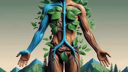 A highly stylized human body formed by merging abstract representations of earth elements: water flowing through the veins leaves for limbs and the body surrounded by mountains and trees
