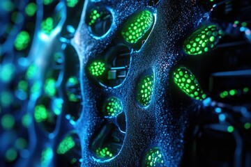 Abstract digital art depicting a bioluminescent, porous structure with glowing green nodes, suggesting a futuristic technology or biological network.