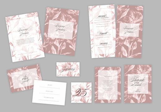Wedding Set Stationery with Graphite Flowers Pattern Illustration