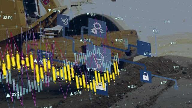 Roller compactor entering left, flattening dirt, visualizing compaction analytics with sensor icons
