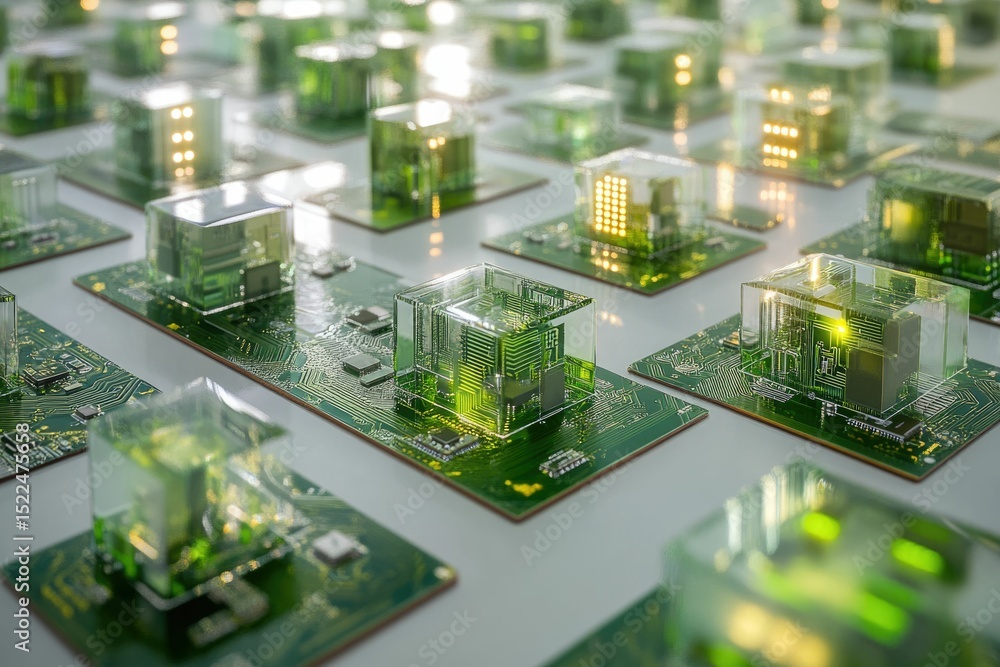 Poster Transparent cubes containing circuit boards represent a futuristic data center or advanced computing system.