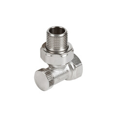 Closeup of a metal pipe fitting on a white background