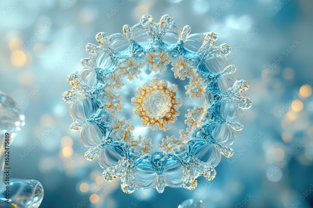 Poster Intricate fractal art depicts a mesmerizing blue and gold snowflake-like design against a bokeh background.