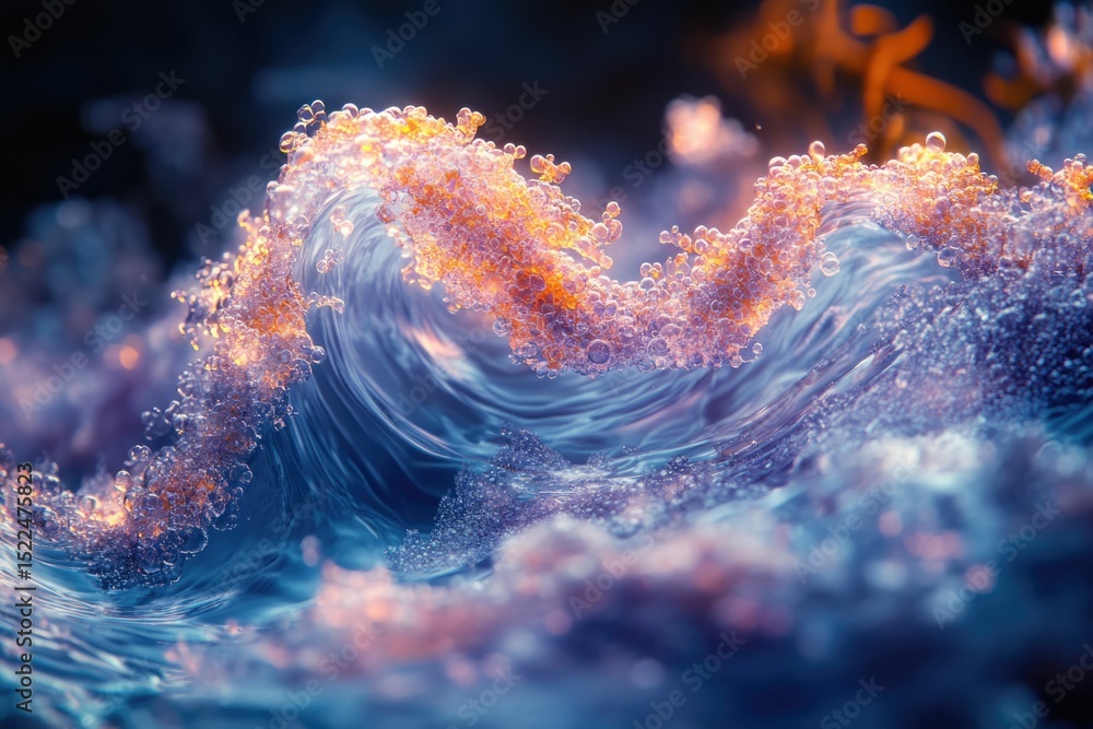 Poster a mesmerizing wave of iridescent bubbles, glowing with warm light, creates a surreal and ethereal un