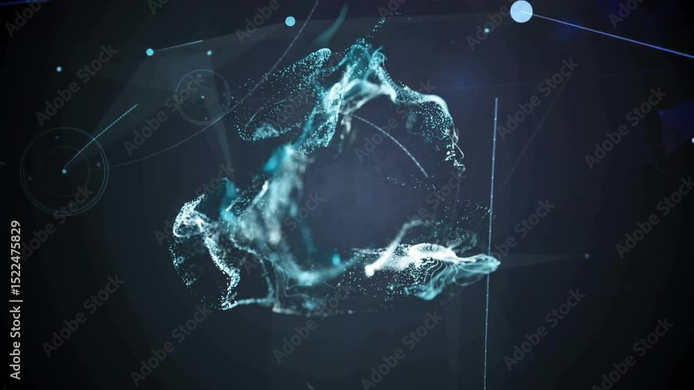 Poster diffuse teal particles joining rotating then pulsing splitting into swirls to visualize data flow