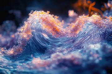 A mesmerizing wave of iridescent bubbles, glowing with warm light, creates a surreal and ethereal underwater scene.