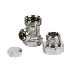 Closeup of a brass fitting with cap on a clean white background