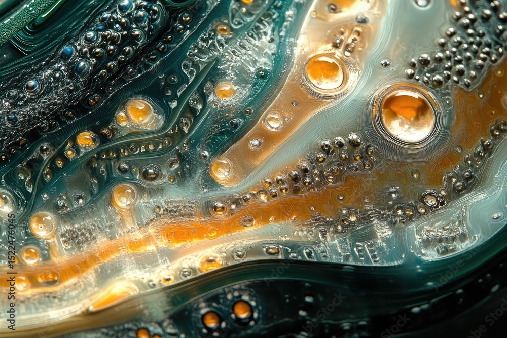 Poster Intricate patterns of teal, gold, and silver create a mesmerizing abstract image resembling a microscopic view of a circuit board or a gemstone.