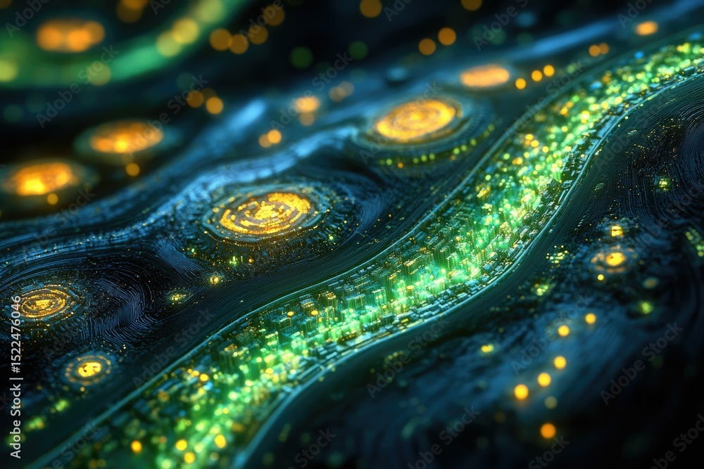 Poster Abstract digital landscape with glowing green and gold circuits, resembling a futuristic cityscape or neural network.