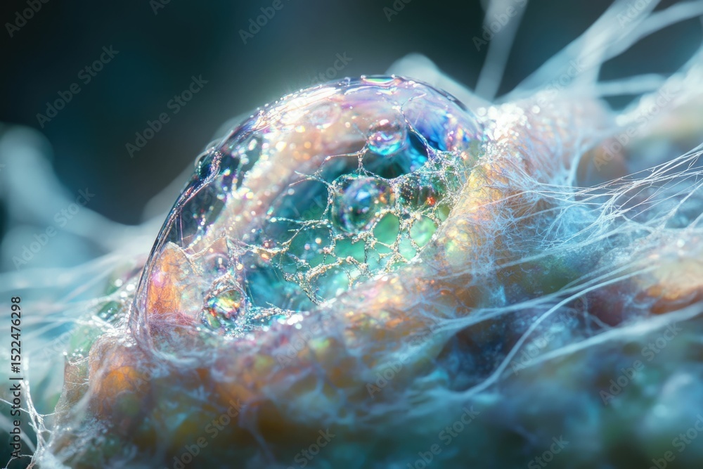 Aufkleber Iridescent soap bubble trapped in a delicate spiderweb, creating a surreal and ethereal scene.