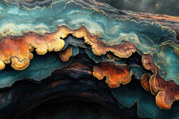 Vibrant layers of fungi on dark wood, showcasing intricate textures and rich colors.